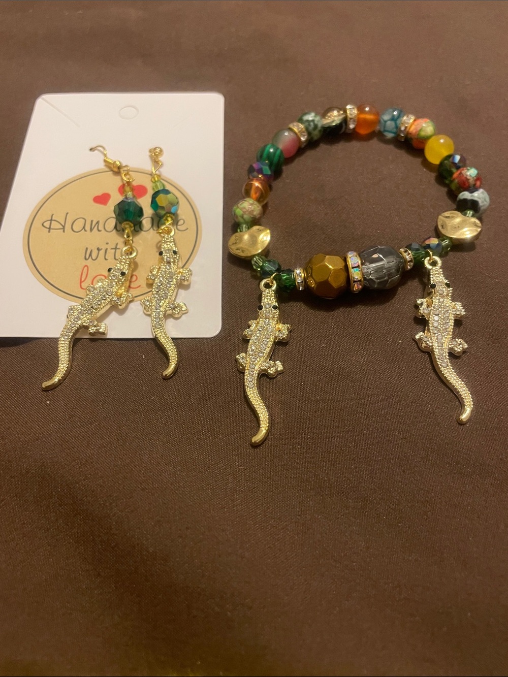 H28 - 2/$7 Handmade Beaded Fashion Earrings and Bracelet with Gold Lizard Charms